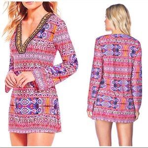 La Blanca Multicolor Geometric Long Sleeve Deep V Swim Cover-up Tunic Dress